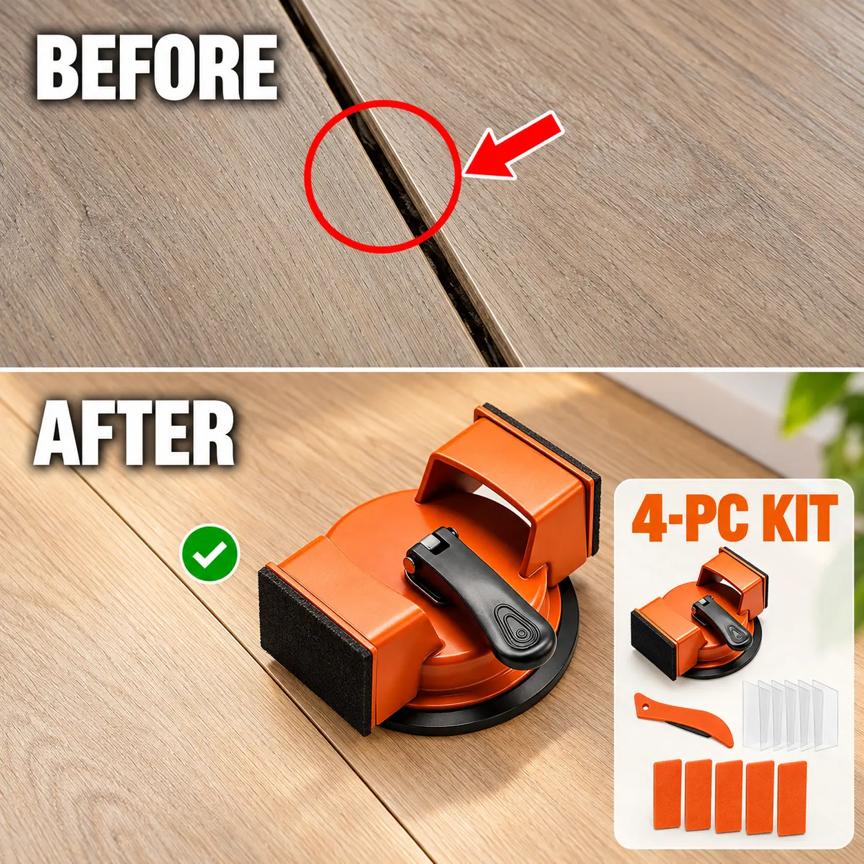 Floor Gap Fixer Tool Kit with Suction Cup & Rubber Mallet-Fixes Laminate, Vinyl, LVP Gaps in Minutes| 4-Piece Set,5 Reusable Pads, No Nails No Glue