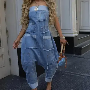 Fall?fashion?must?haves Strapless Loose Denim Jumpsuit | Multi-Pocket Distressed Summer Casual Fashion??gift?? Womenswear Chunky