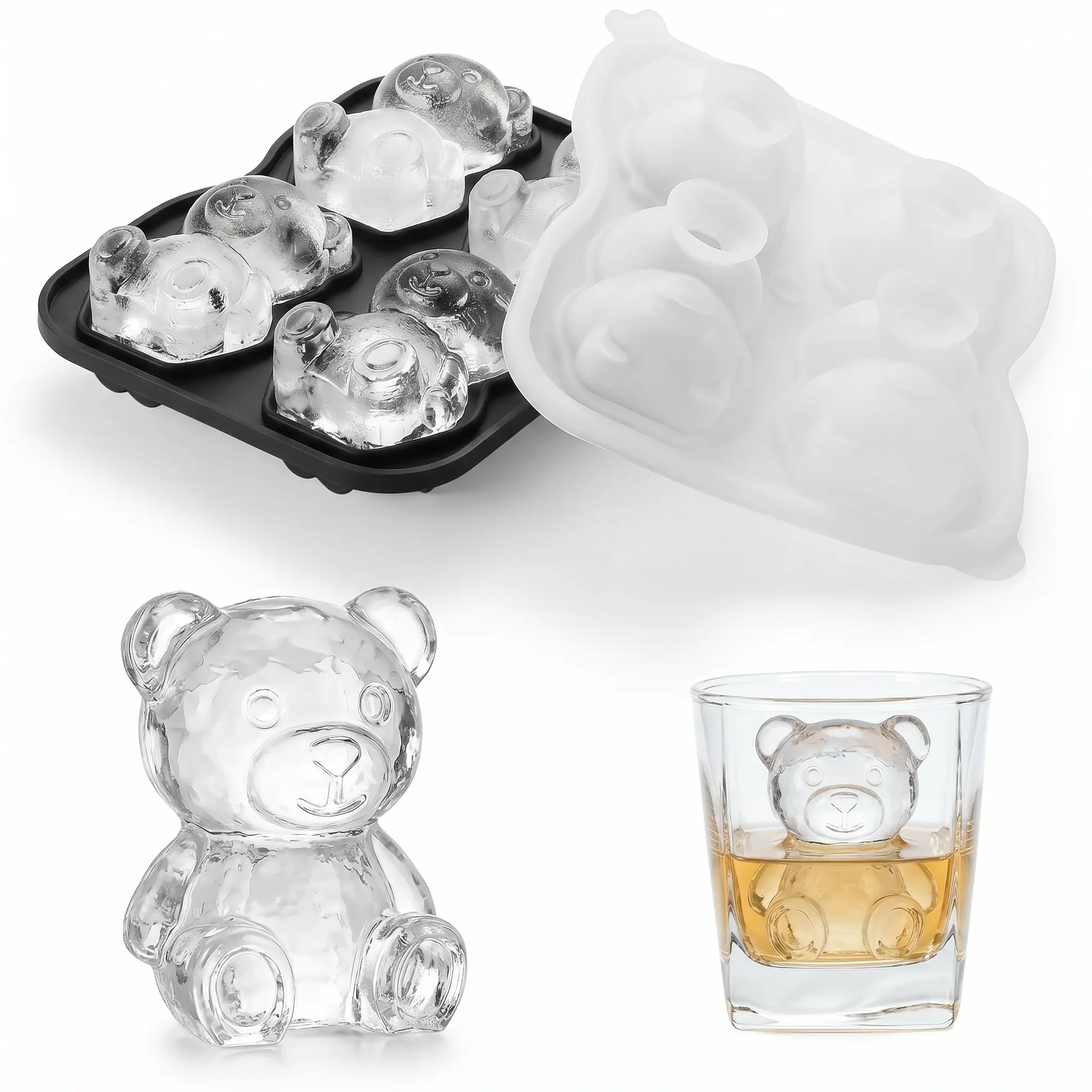 Bear Ice Cube Tray Mold - 3D Bear Shape Ice Cube Trays, Cute Ice Cube Molds for Whiskey Bourbon, 4-Hole Large Fun Shapes Ice Cube Trays, Funny Bear Gifts for Bear Animal Lovers Women Men