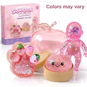 4-pack Sparkle Squishy Set – Safe Soft Sensory Play Collection with Glitter Doll, Paw Fidget Toy & Apple Bun Squishy, Non-Toxic Squeeze Stress Relief Toys Ages 3+