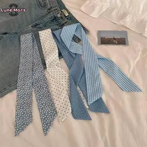 LuneMart 4-PCS Blue & White Polka Dot Plaid Floral Scarf Hair Ties Multi-use Satin Ribbon Neck Scarves, Decorative Hairband Accessories for Women