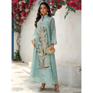 1pc Women's Jalabaya Abaya Gown - Elegant Dubai Party Dress with Floral embroidery, Long Formalrobe for Wedding, Gala, Ramadan - Non-Stretchy Muslim Formal Attire, Galaxy Event Wear, Intricate Embroidery