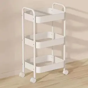 3 Tier Rolling Cart, Metal Utility Storage Cart on Wheels with Handle and 6 Hooks, Craft Organizer Cart for Classroom, Office, Dorm,Home-White/Pink outdoorfun