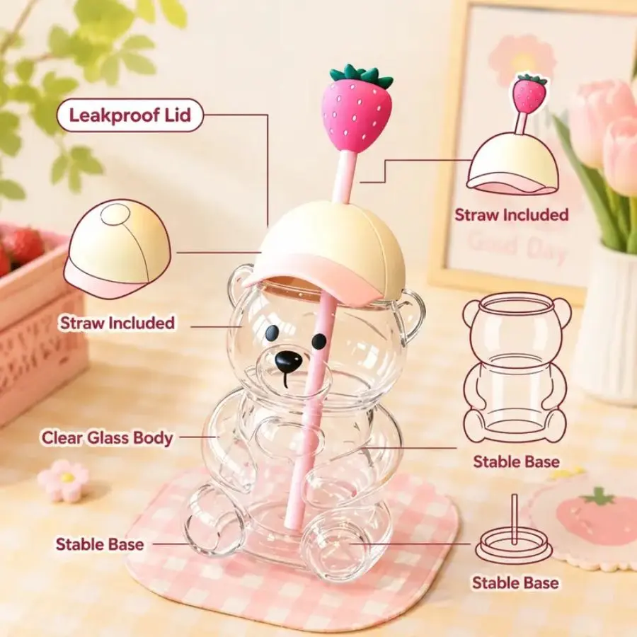 New Cartoon Bear Tumbler 600ML, Starbucks Straw Topper & Baseball Cap Lid Water Bottle, Creative Holiday Gift for Women Students Birthday Cup, Gift For Back To School