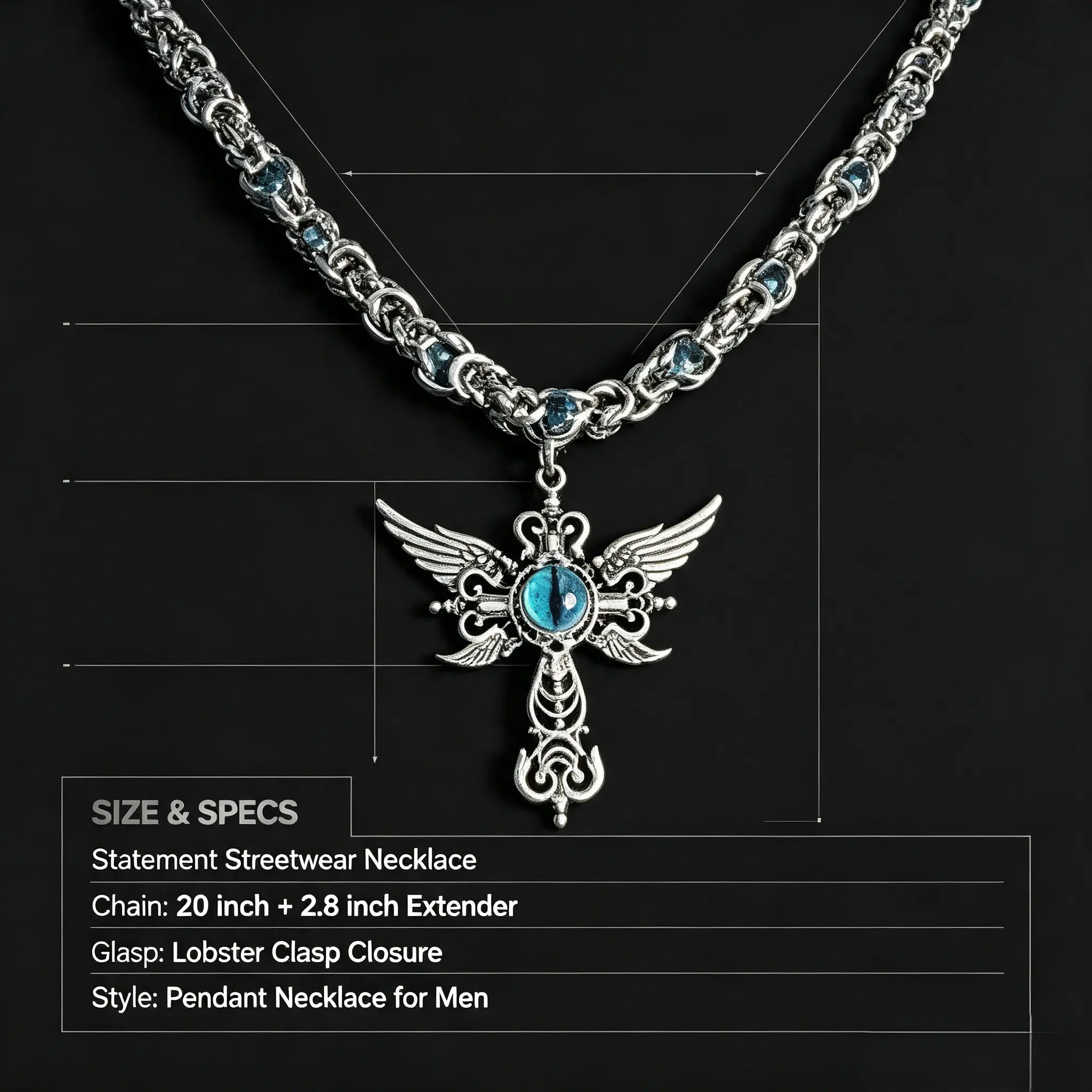 Hip Hop Angel Wing Evil Eye Cross Pendant Necklace for Men, Titanium Steel Chain with Blue CZ Stone, Vintage Punk Streetwear Bold Statement Fashion Jewelry