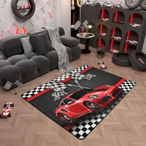 Racing Car Area Rug ,Red Sports Car Non Slip Carpet for Kids Girls Adults,Black White Grid Plaid Flag Decor Rug for Living Room Bedroom Playroom Backyard