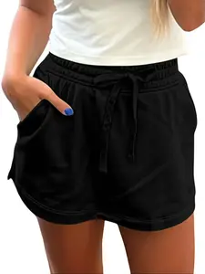 Women's High Waisted Mini Skirt with Pockets Drawstring Casual Athletic Skort 65% Polyester Cotton Solid Color