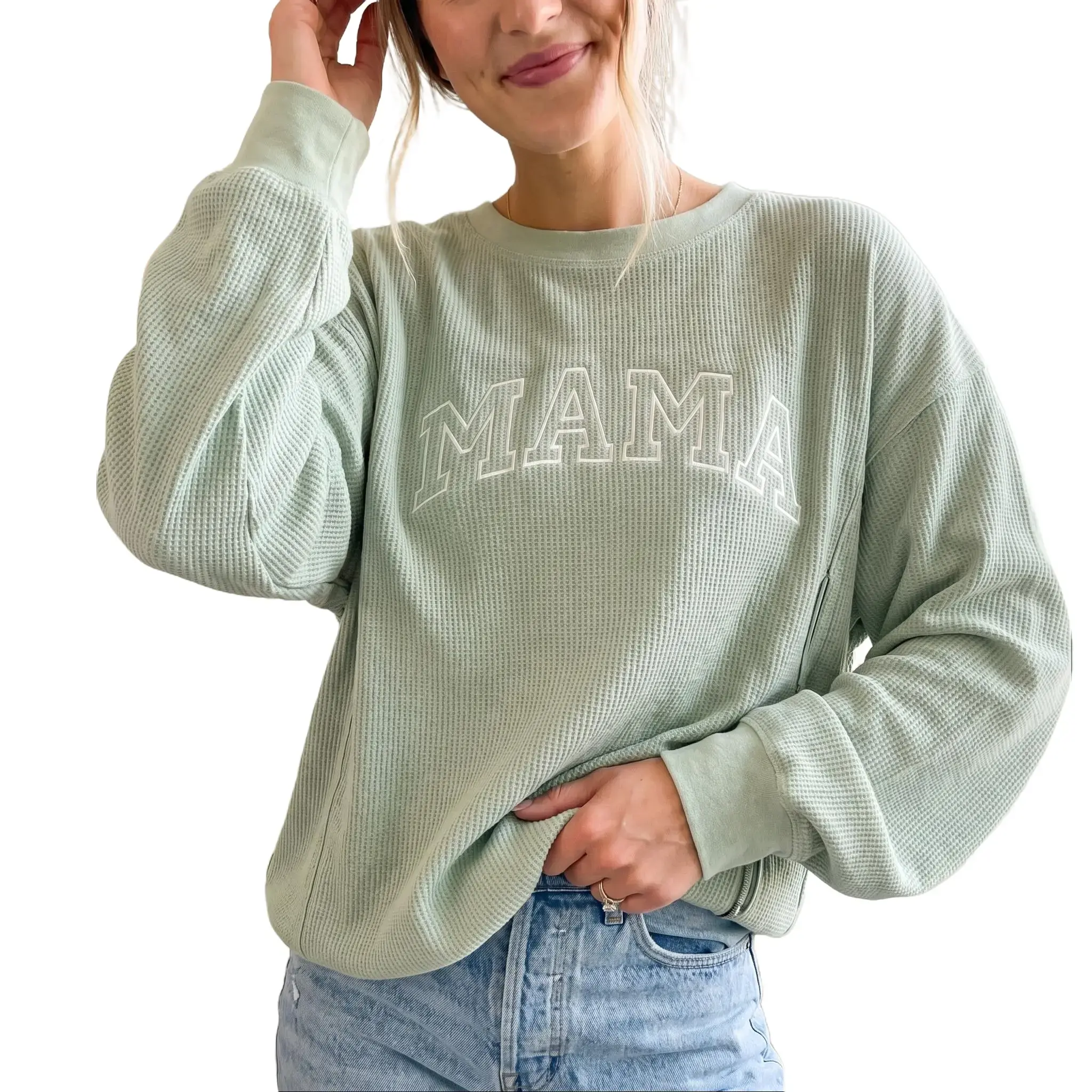 GIFTIFYMAMA Women's Casual Waffle Knit Nursing Sweatshirt, 100% Cotton Embroidered Postpartum Pullover with Side Zipper Access