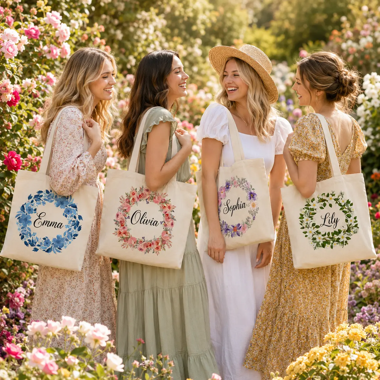 Women's Personalized Floral Wreath Tote Bag, Custom Name Microfiber Handbag, Lightweight Getaway Beach Bag for Bride Gifts & Wedding Favors, Creative Design Bag
