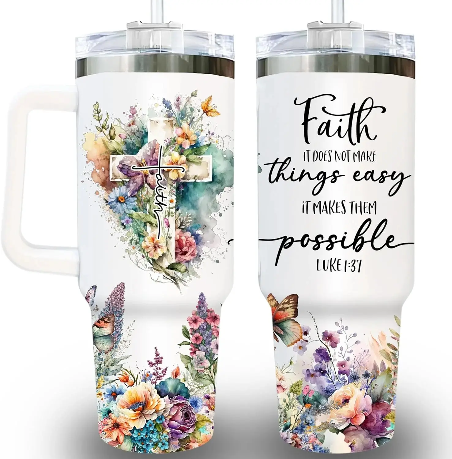 40oz Stainless Steel Insulated Christian Tumbler with Handle, Straw, Leak-Proof Lid - Stylish Reusable Coffee Drinkware, Inspirational Verse Bible Quote Print Faith Gift for Women (Birthday, Thanksgiving)