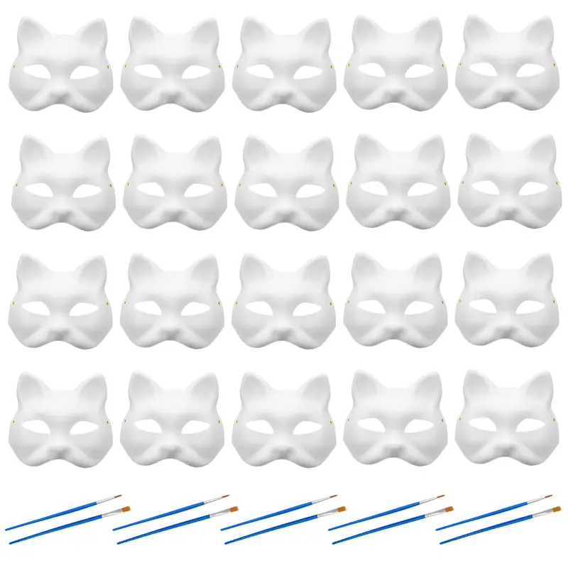 20 PCS DIY Cat Mask Painting Kit - White Therian Animal Masks with 5 Sets Acrylic Paints, 2 Brushes & Straps, Creative Craft Kit for Masquerade, Cosplay, Party & Kids Family Activities
