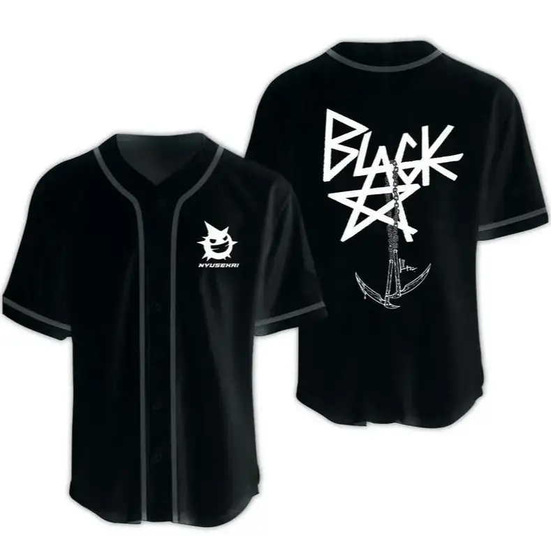 Unisex Black & White Star Anime Baseball Jersey, 100% Polyester, Loose Fit, V-Neck, Short Sleeves, Machine Washable