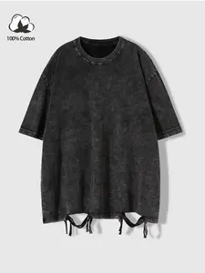 Oversized Vintage Distressed Cotton Tee | Ripped Drawstring Hem & Washed Black Design | 100% Cotton Streetwear for Urban Walks, Casual Hangouts & Summer Layering