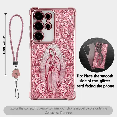 Our Lady of Guadalupe Rose Religious Coquettecore Smartphone Case for Galaxy S25-S24-S23-S22 Series, Shockproof Catholic Faith Cellphone Handheld Devices Protection Accessory with Clover Lanyard, Perfect Gift for Her HY74B