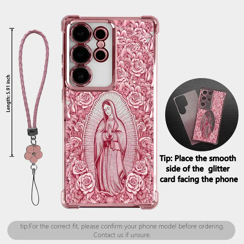 Our Lady of Guadalupe Rose Religious Coquettecore Smartphone Case for Galaxy S25-S24-S23-S22 Series, Shockproof Catholic Faith Cellphone Handheld Devices Protection Accessory with Clover Lanyard, Perfect Gift for Her HY74B