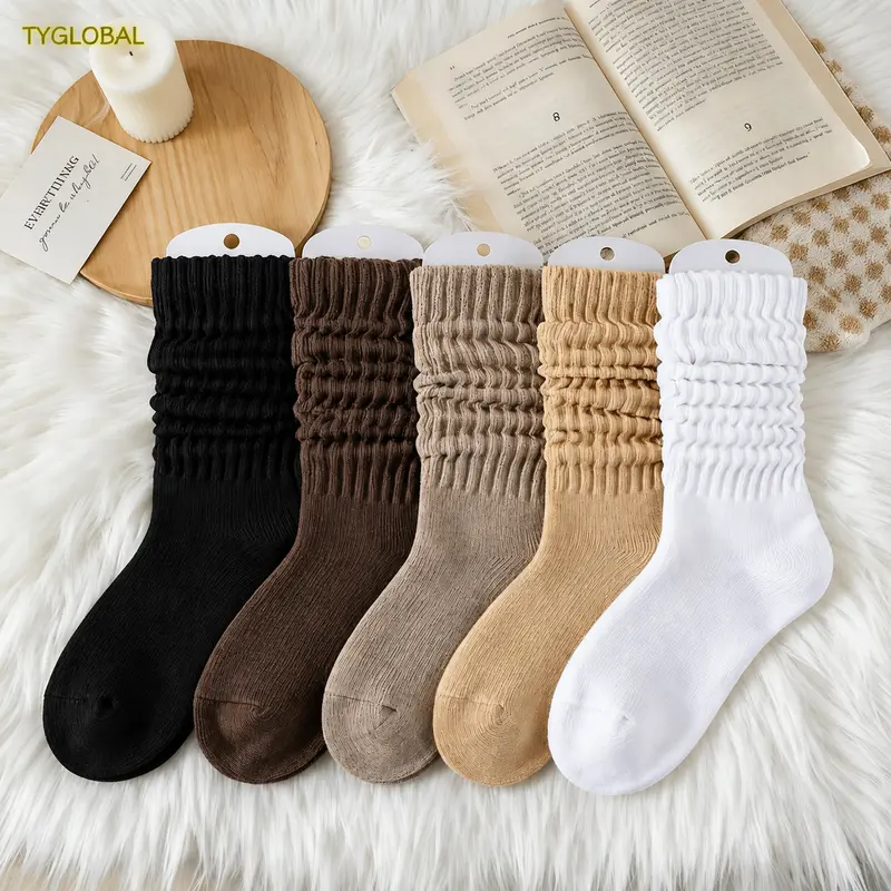 Women's 5-Pair Basic Chic Knee High Socks - Soft Comfy Cotton Blend, Breathable, Durable, Sport-Ready Wear, Travel-Friendly, Moire Texture, Casual Daily Socks