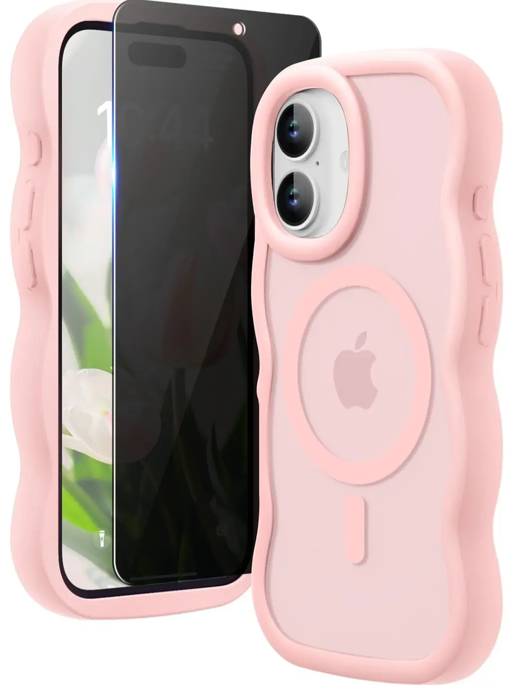 Magnetic for iPhone 17 Case with Privacy Screen Protector, Compatible with Magsafe Wavy Frame Cute Translucent Matte Hard Back Silicone Bumper Shockproof Phone Case for iPhone 17 Women Girls, Pink