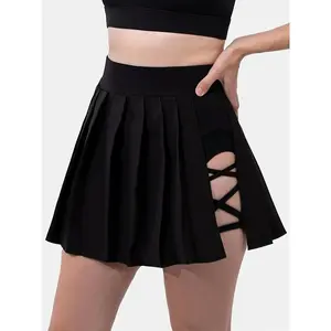 Women's High-Waisted Cross-Strap Skirt - Black A-Line Sports Skirt Suitable for Exercise and Casual Wear Comfortable Medium Stretch Fabric Summer Skirt