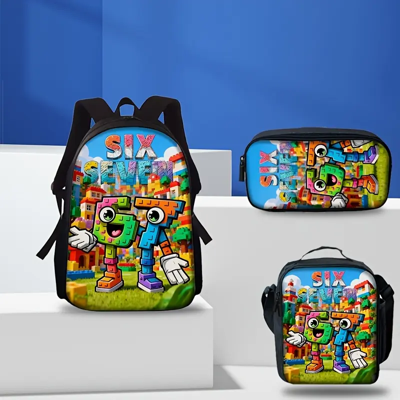 Rainbow Friends "Six & Seven" 3-Piece Backpack Set, Colorful Block Print School Bag + Lunch Bag + Pencil Case, Oxford Cloth Adjustable Strap Daypack for Kids
