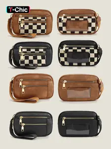 Women's Solid Color & Checkerboard Pattern Zipper Wristlet, Fashionable Pu Leather Wristlet for Daily Used, Casual Versatile Mini Coin Purse for Women & Men, Minimalist Purse