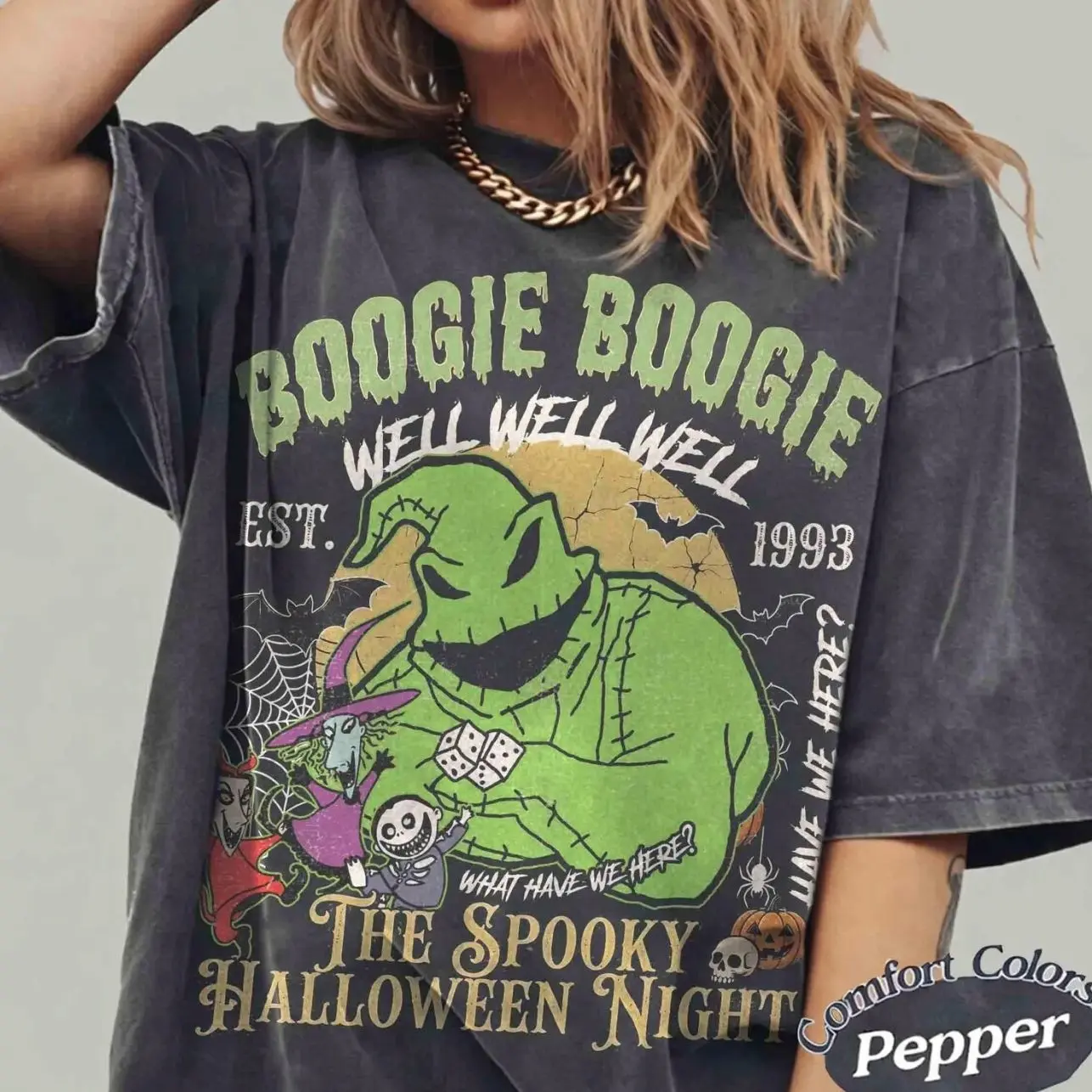 Women's Fitted Retro Oogie Boogie Casual T-Shirt - The Nightmare Before Christmas 2026 Halloween Clothes, Comfortable Spooky Season Gift Sweatshirt PKP