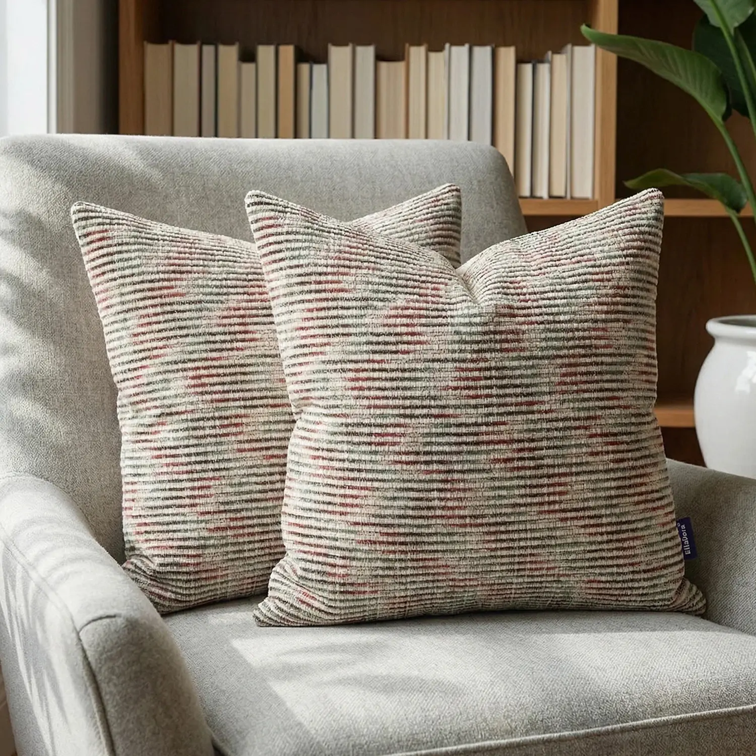 Ellalora Pack of 2 Modern Farmhouse Space-Dyed Chenille Throw Pillow Covers, Boho Multi-Color Textured Decorative Cushion Cases with Invisible Zipper for Couch Sofa, 18x18 In No Insert, Soft