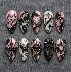 Press On Nails Pink And Black Goth Coquette 3D Hearts Gothic Crosses Starry Butterfly