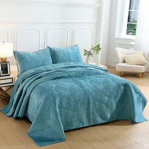 New milk velvet palm leaf quilted three-piece set with Class A backing fabric, all-cotton crystal velvet, thickened quilted bed cover, suitable for all seasons Queen, Queen Size Bed, Comforter Queen Size