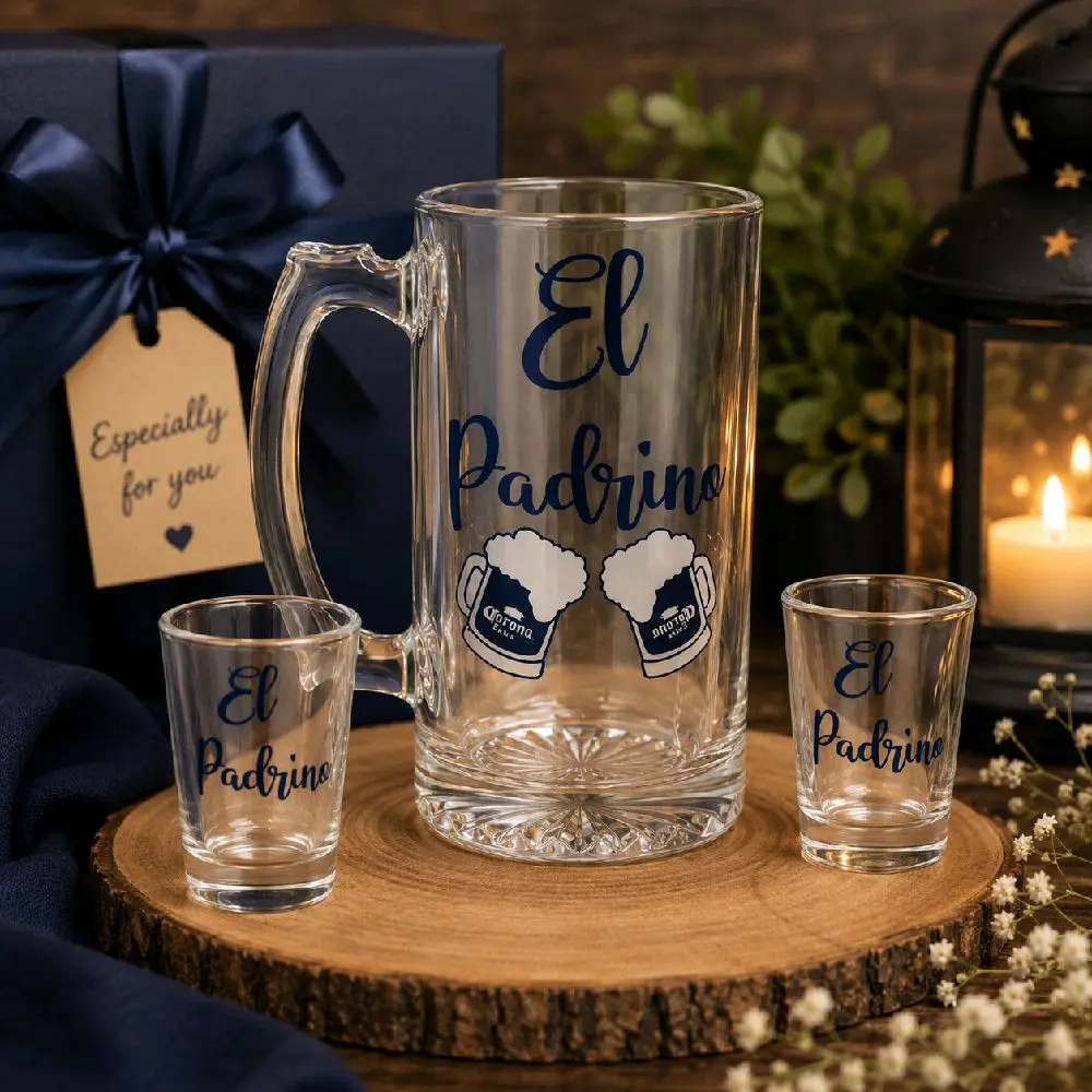 Handmade 3-Piece El Padrino Beer Stein Set - Beer Mug, Shot Glasses, Custom Printed Bar & Kitchenware, Luxury White Gift Box, Wedding Padrino Proposal Accessory, Ideal for Personalized Special Events Gifting