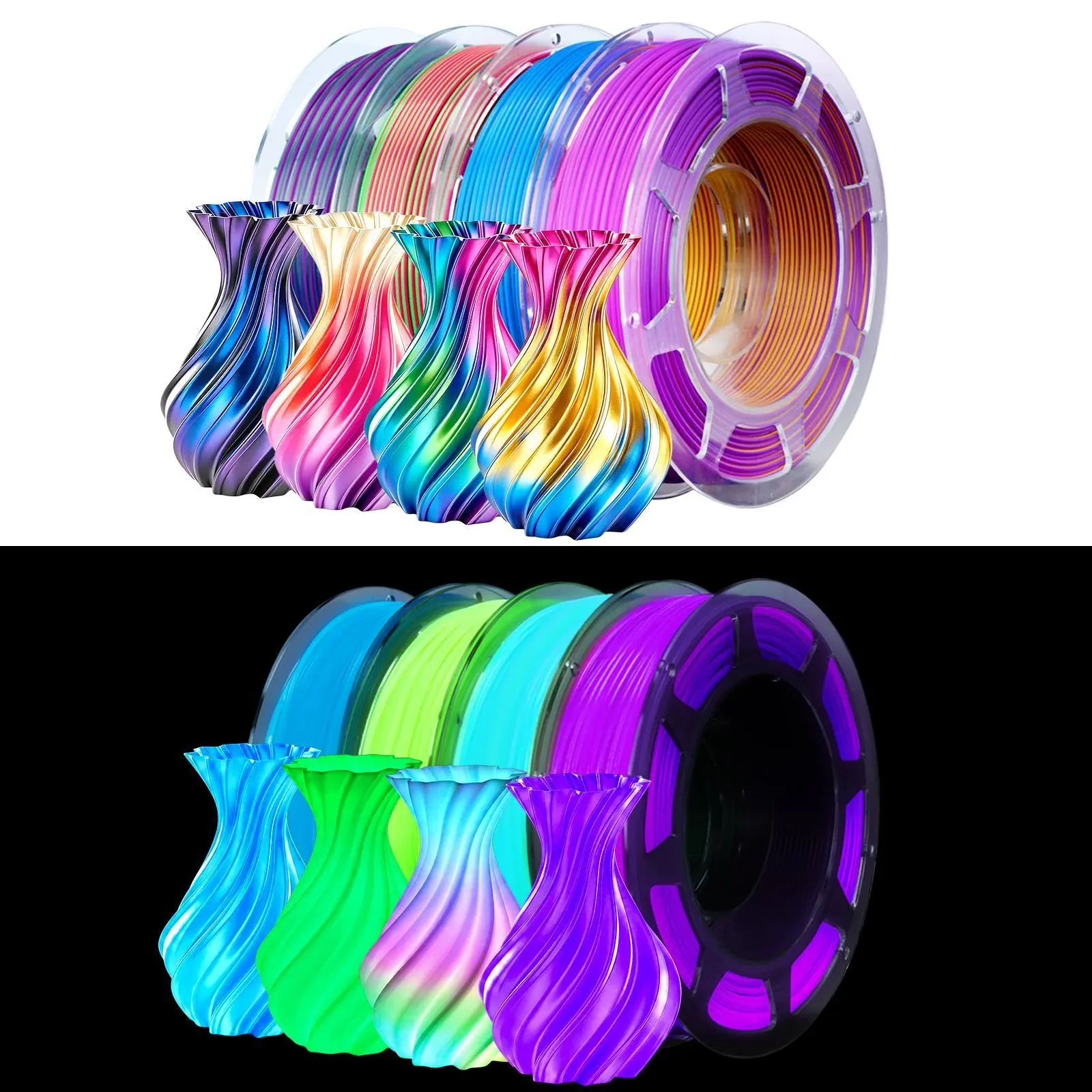 3D Printer Filament 1.75mm，PLA+ 3D printing pen Compatible ， Matte PLA Filament ，Glow in the Dark, for Most FDM Printers and 3D Printing Pens， Glossy Finish, Bulk Combo for Artistic