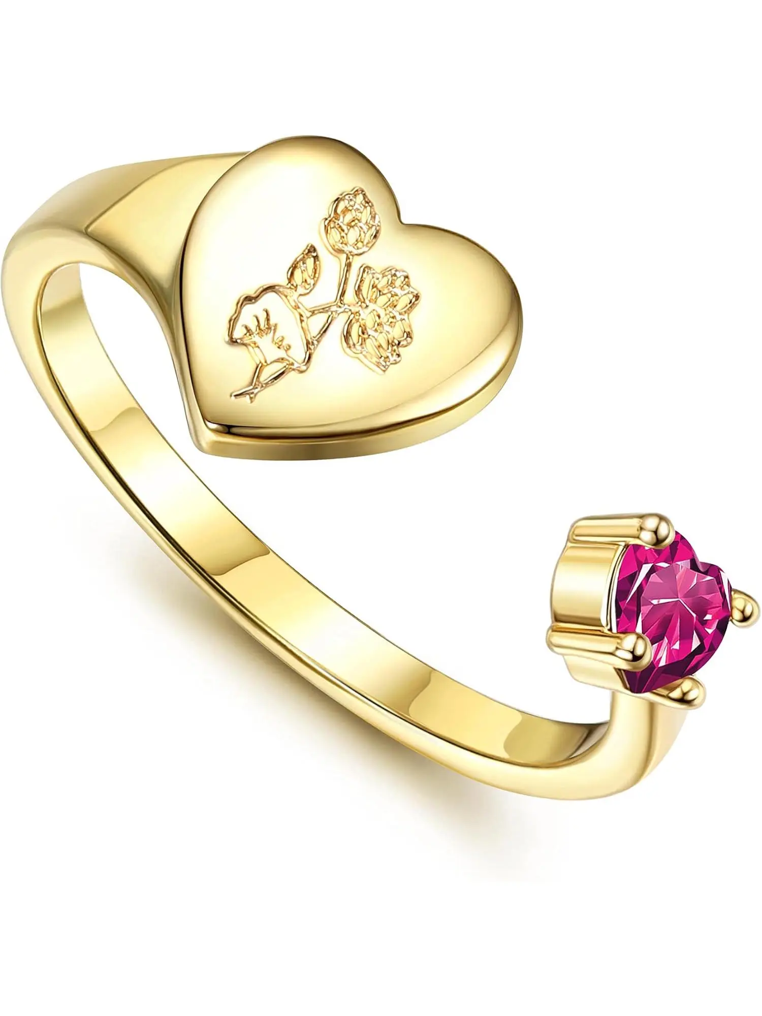 18K Gold Plated Heart Birthstone Rings for Women Egirls with Birth Flower Signet Ring Handmade Open Adjustable Ring