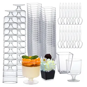 300 Packs Dessert Cups with Spoons, 5 OZ Mini Clear Plastic Dessert Parfait Cup for Party, Square Dessert Shot Glasse Round Goblet Small Reusable Fruit Ice Cream Pudding Appetizer Cup Bowls Disposable