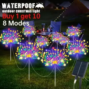 10pcs 600LED Solar Fireworks Lights Outdoor Waterproof With 8 Lighting Modes Christmas Courtyard Festival Party Light