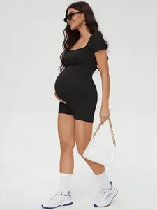 Buttery Soft Maternity Bodysuit – Short Sleeve Romper, Square Neck, Photoshoot Casual Workout Maternity-Clothes