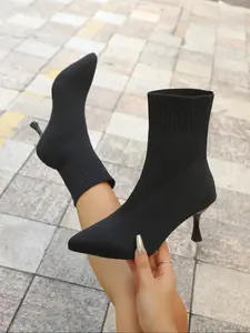 New Mid-Calf Knit Boots, Korean Style Slip-On High Heels, Square Toe French Sock Design, Plus Size Over-The-Knee Fashion Boots, Pull On Boots