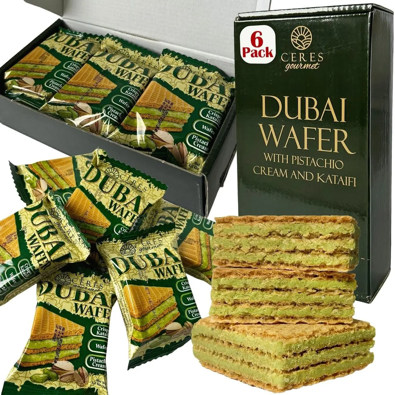 Ceres Gourmet Dubai Pistachio Wafer, 6 Pcs Crispy Kunafa Pistachio Wafer in Individually Pack – Gourmet Dubai Wafers for Christmas, Thanksgiving, and All Special Occasions
