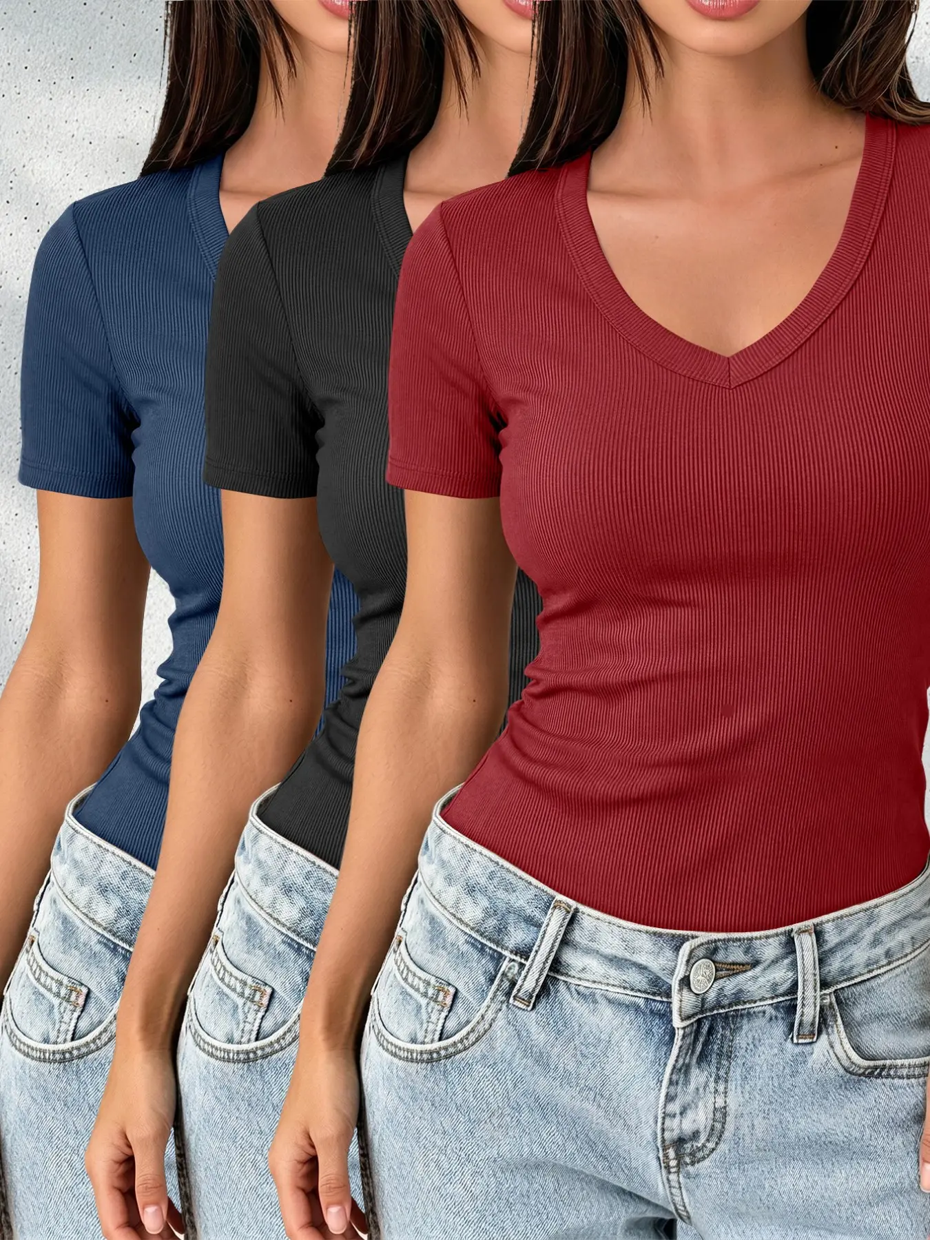 Women's Ribbed V-Neck Short Sleeve Summer T-Shirt 3-Piece Set, Elegant Casual Fitted Top, Solid Pattern, All Seasons, Everyday, Casual Everyday Tee, No Button or Collar