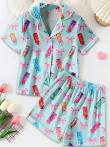 Alani Energy Drink Pajama Set, Satin Short Sleeve Button Top, Elastic Waist Shorts, Cute Lounge Wear For Women, Soft Sleep Outfit Gift