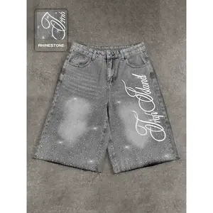 Studded Embroidered Casual Jeans, Letter Embroidery Shorts, American Street Style, Fashion Daily Wear Denim, High Waist, Button Fly, All SeasonsGift