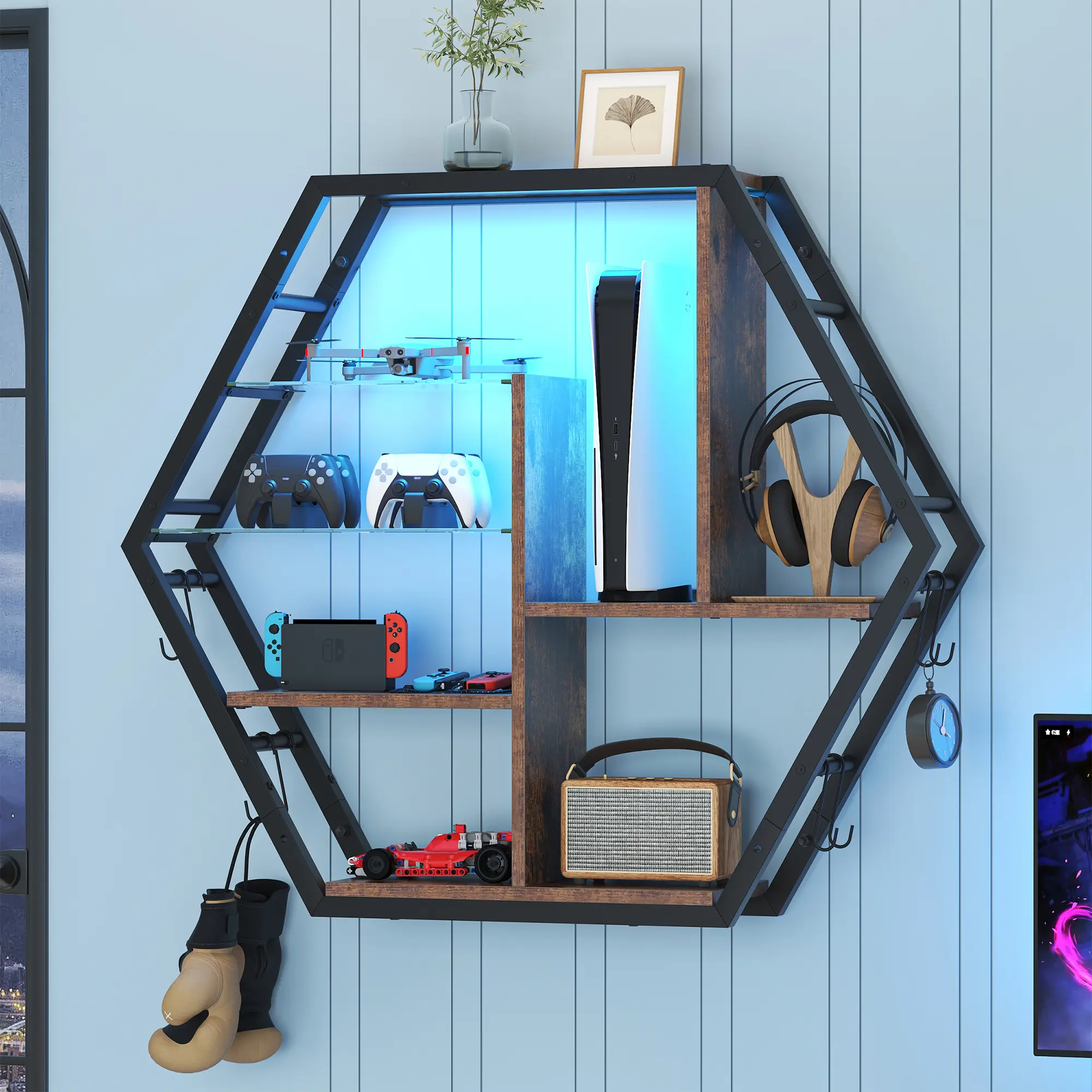 Hexagonal MDF Wall Mounted Holder - Decorative Geometric Iron Surface-Mount Organizer with LED Lighting, 4-Layer 5-Tier Pre-Built Wood-Effect Racks, 2 Removable Glass Shelves, 8 Hooks, Multi-Use Gamer-Focused Storage (Multiple Colors & Styles)