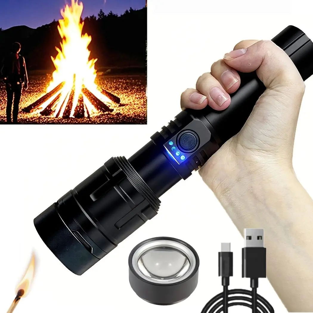 Zoomable Tactical Flashlight with 5 Modes, Aluminum Alloy Body, Multi-Functional Outdoor Emergency Light with Hands-Free Lanyard & Ignition Lens for Camping