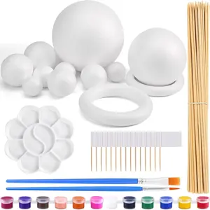48PCS Solar System Model Foam Ball Kit Includes 10 Sizes Polystyrene Spheres Balls Bamboo Sticks Toothpick Flags 12 Color Pigments Brushes Paint Tray Palette for School Science Projects