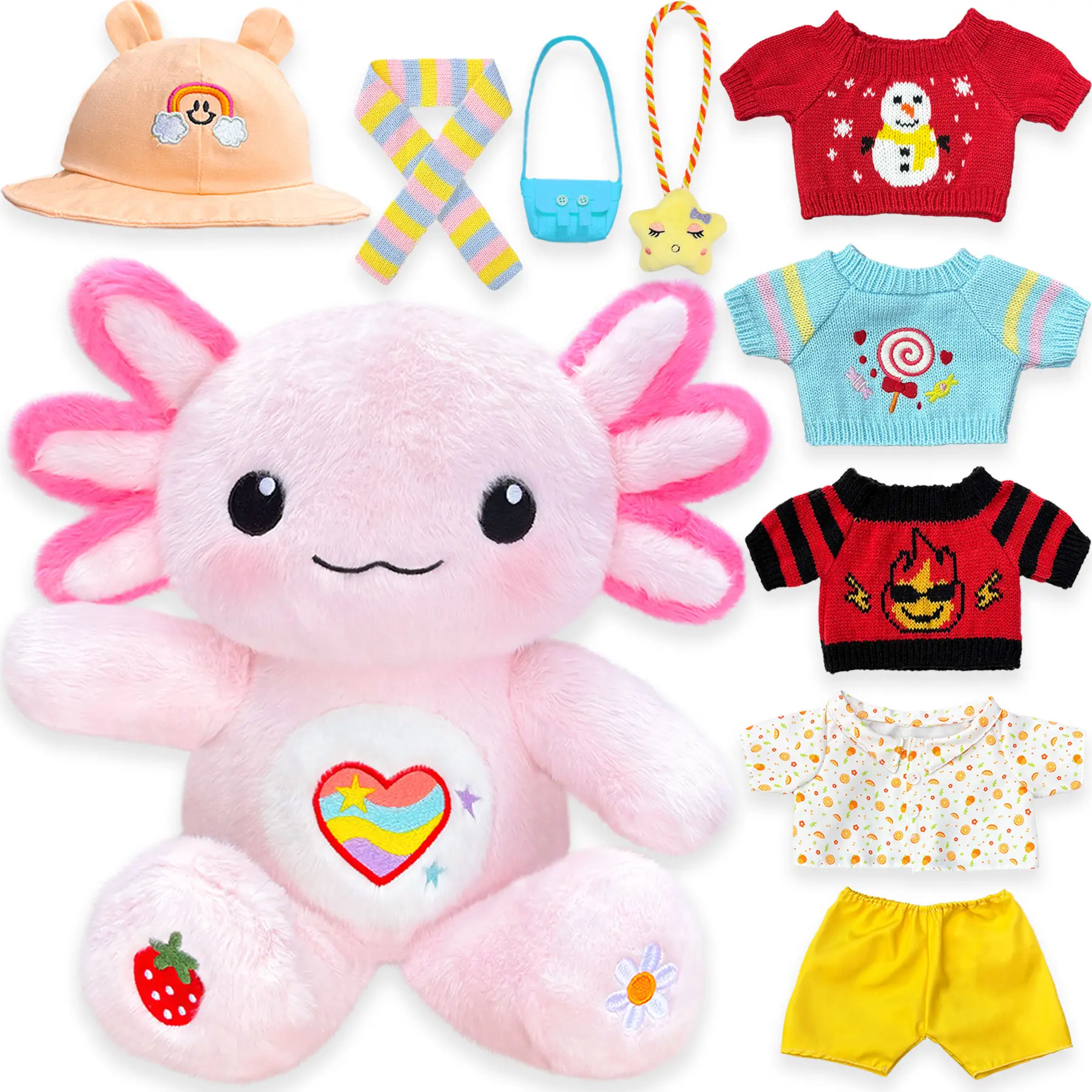 Kireidane Axolotl Plush with 9 Pcs of Axolotl Stuffed Animal Clothes and Accessories, Axolotl cute gifts Ideas for Girls Ages 3 to 12 Non Toxic Washable