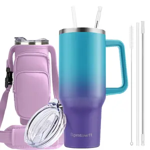 Spmtowft Travel 40oz Stainless Steel Vacuum Flask Leakproof Insulated Tumbler with Lid & Straw & Handle Water Bottle Carrier Bag with Phone Pocket Drinking Cup for Home Office School Perfectly Halloween Christmas Gifts Drinkware Blue Purple Mug Bottled