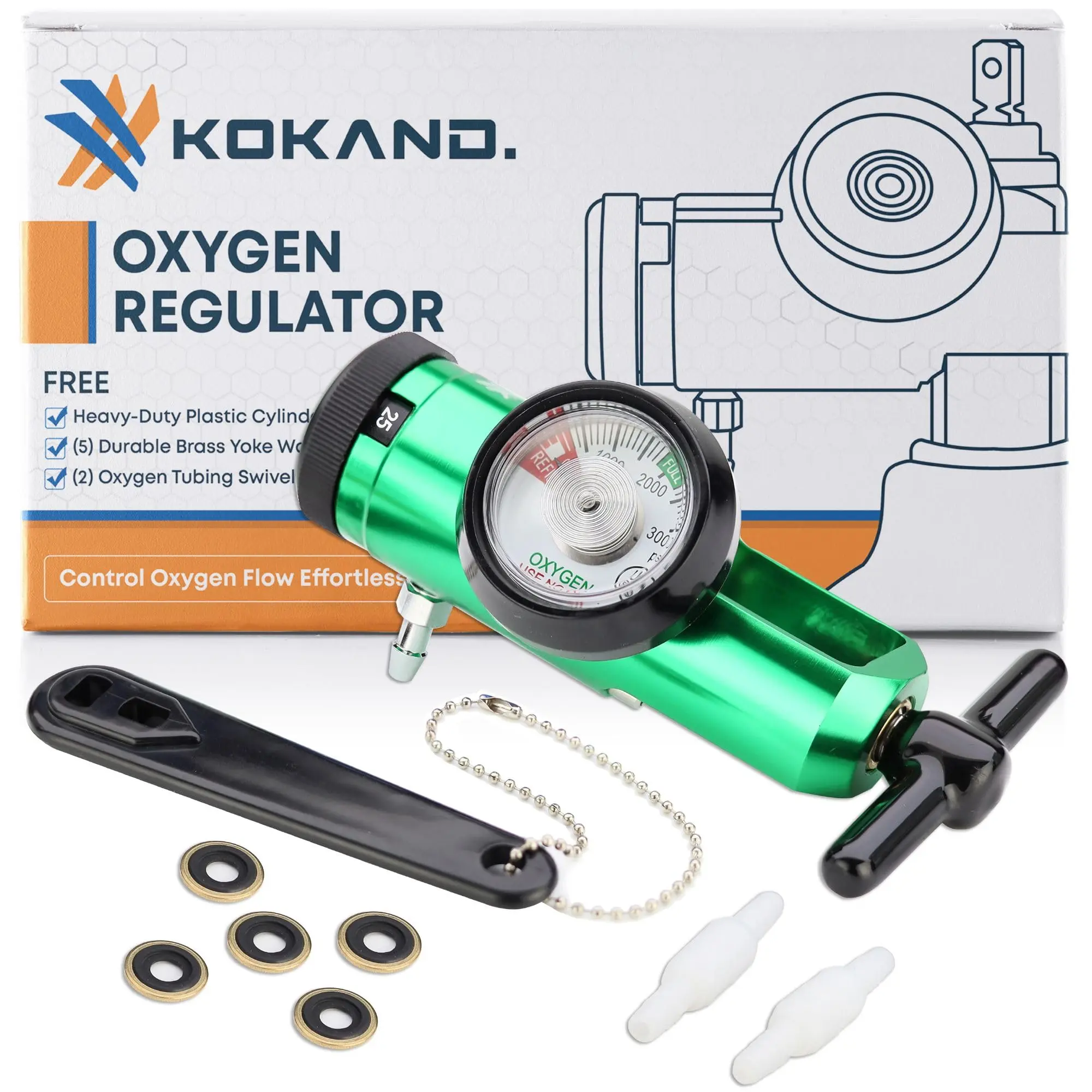 KOKAND Oxygen Regulator 0-25LPM - Oxygen Tank Regulator with Gauge, CGA-870 Fitting - Includes Wrench Key, 5 Brass Yoke Washer Seals, and 2 Tubing Swivel Connectors - O2 Flow Meter - Green