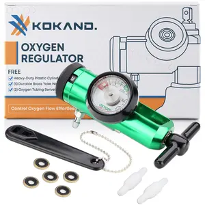 KOKAND Oxygen Regulator 0-25LPM - Oxygen Tank Regulator with Gauge, CGA-870 Fitting - Includes Wrench Key, 5 Brass Yoke Washer Seals, and 2 Tubing Swivel Connectors - O2 Flow Meter - Green