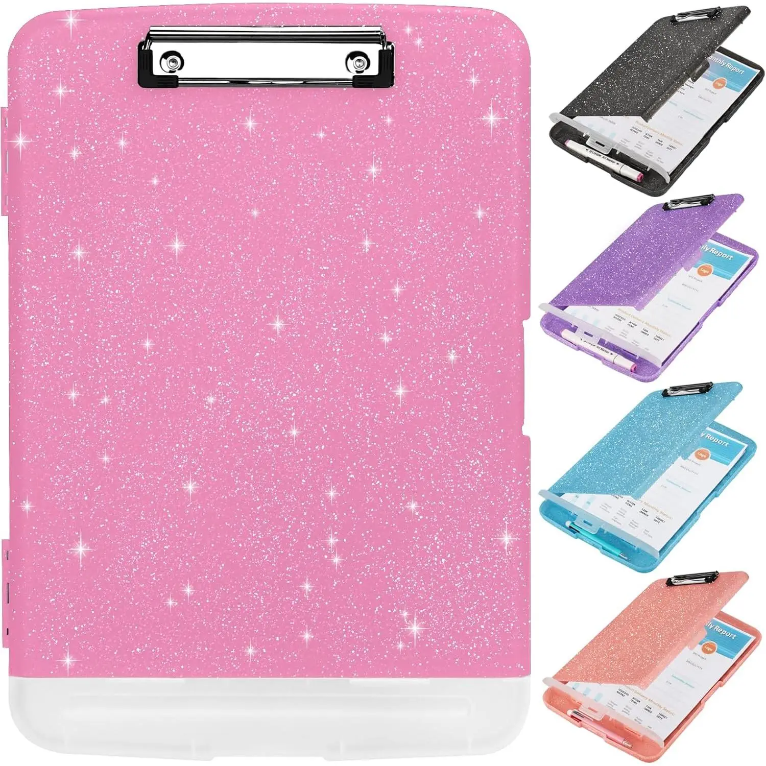 Glitter Clipboard with Storage,Storage Clipboard with Pen Holder,A4 Binder Clip Boards 8.5x11 with Low Profile Clip,Side Opening Sparkle Clipboards, Clipboards Folder for Office Supplies-Rose