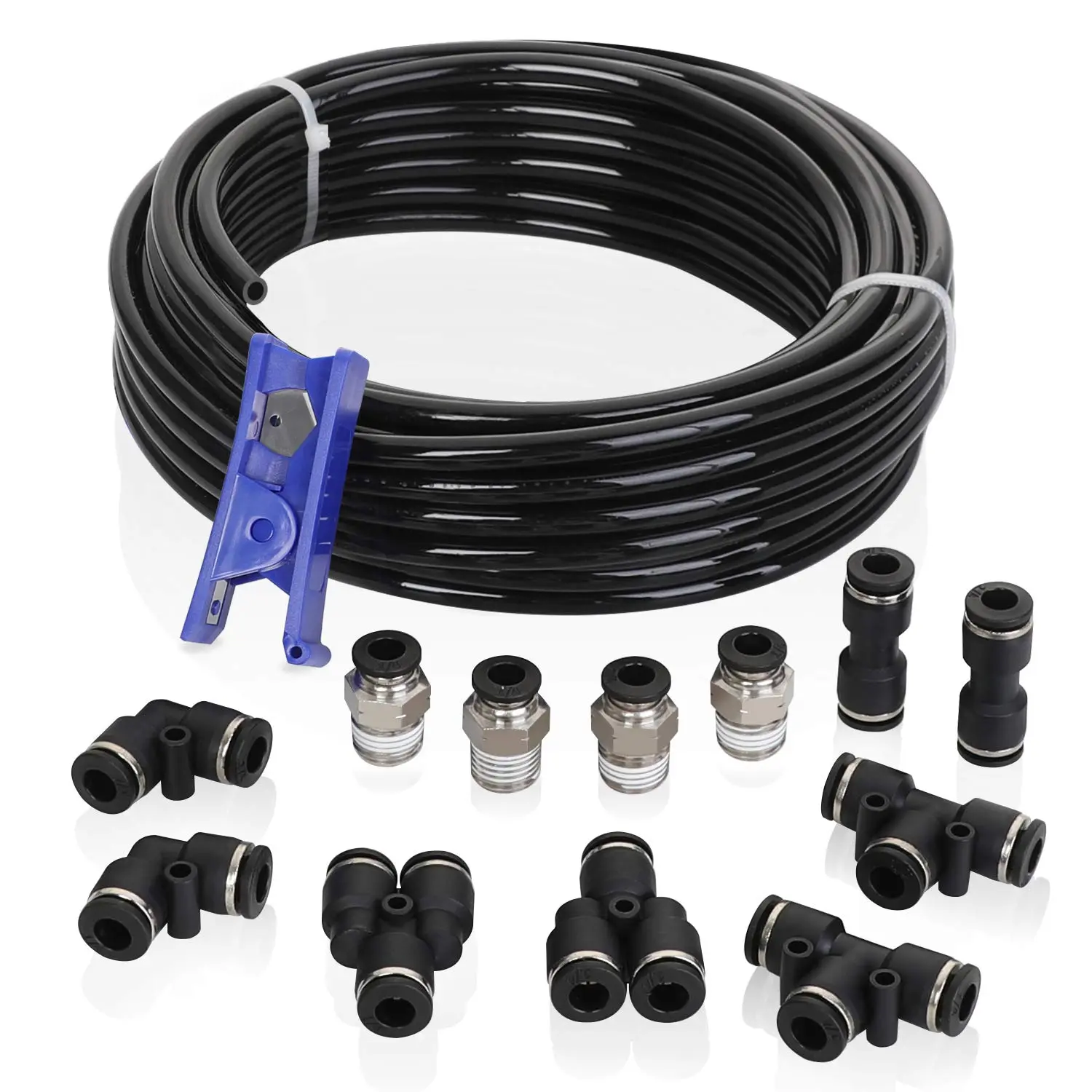 Hromee Air Line Tubing Kit, 1/4 Inch (6.35MM) OD X 32.8 Feet Polyurethane PU Tube and Push to Connect Fittings, 14 PCS Compressed Pipe and Accessories Kit