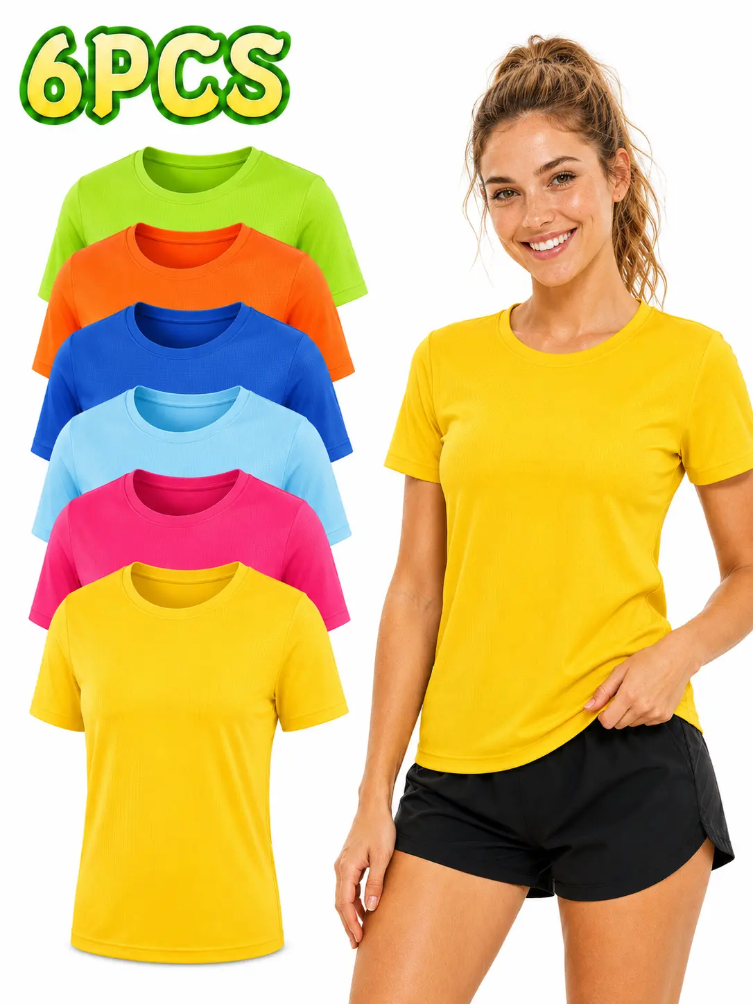 Women's 6-Pack Quick Dry Seamless Sports Tops - Lightweight, Ultra Breathable Workout Top, Crew Neck Everyday Active Athleisure Shirts for Gym, Yoga