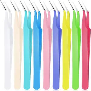 9 Pieces Curved Pointed Craft Tweezers Stainless Steel Precision Tweezer with Protective Cover for Rhinestones Dried Flowers Craft Stickers Eyelash Extension Jewelry Making